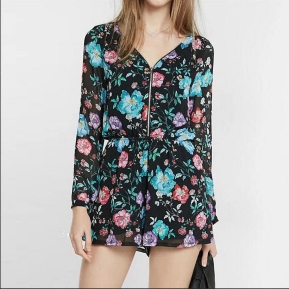 Express floral front zipper romper with pockets New